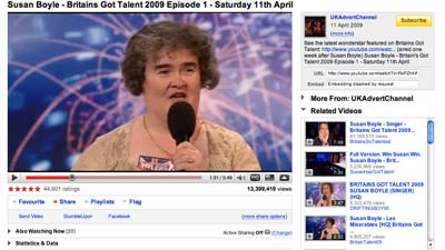 screen grab of susan boyle on youtube